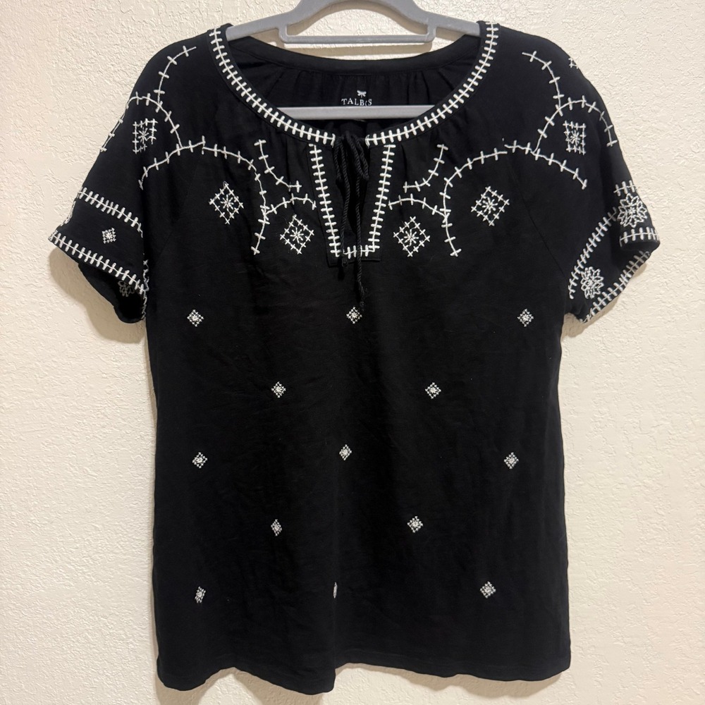 Talbots Black Cotton Embroidered Boho Split Neck Tie Top Medium IN3048